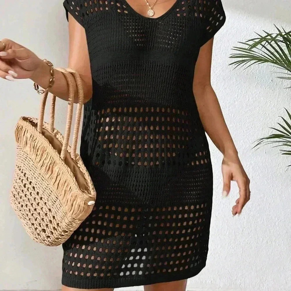 Black Boho Women's Swim Hollow Out Batwing Sleeve Cover Up Dress - Picture 3 of 5